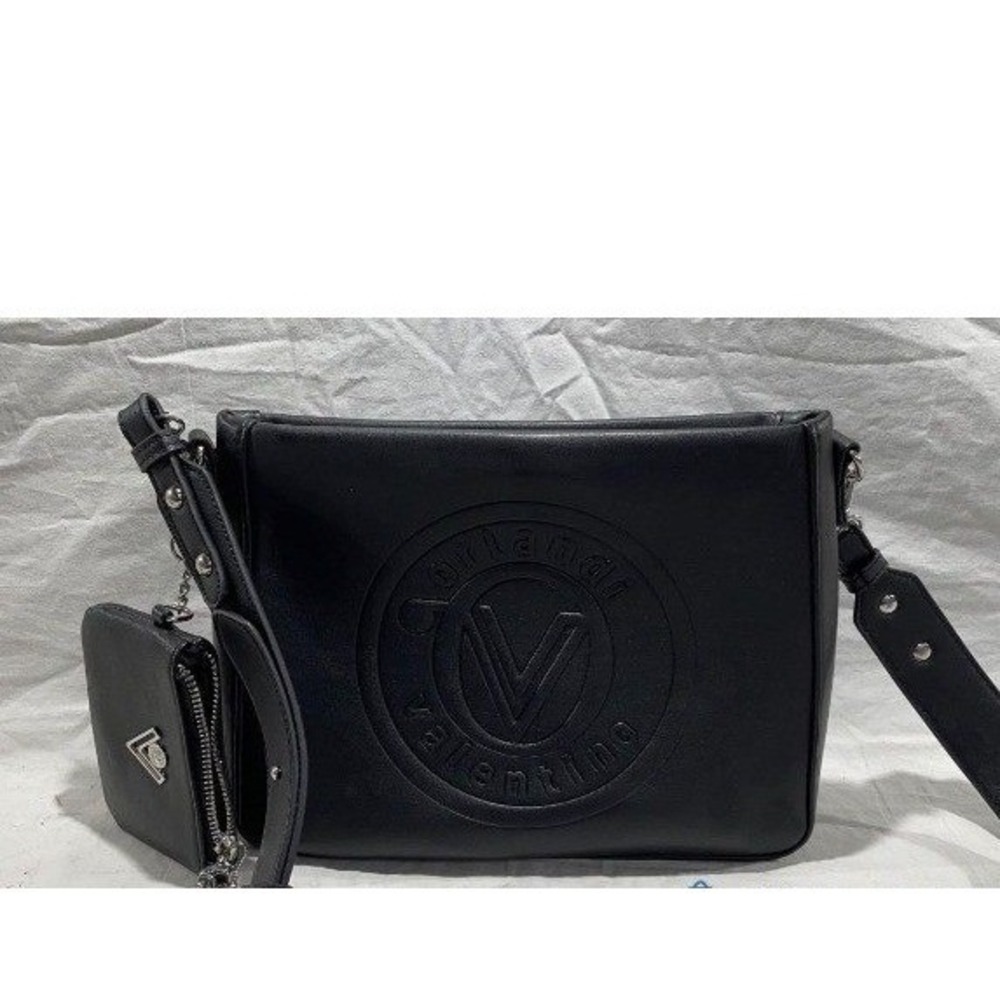 Valentino Orlandi Black Leather Shoulder Bag with Detachable Pouch Logo Embossed